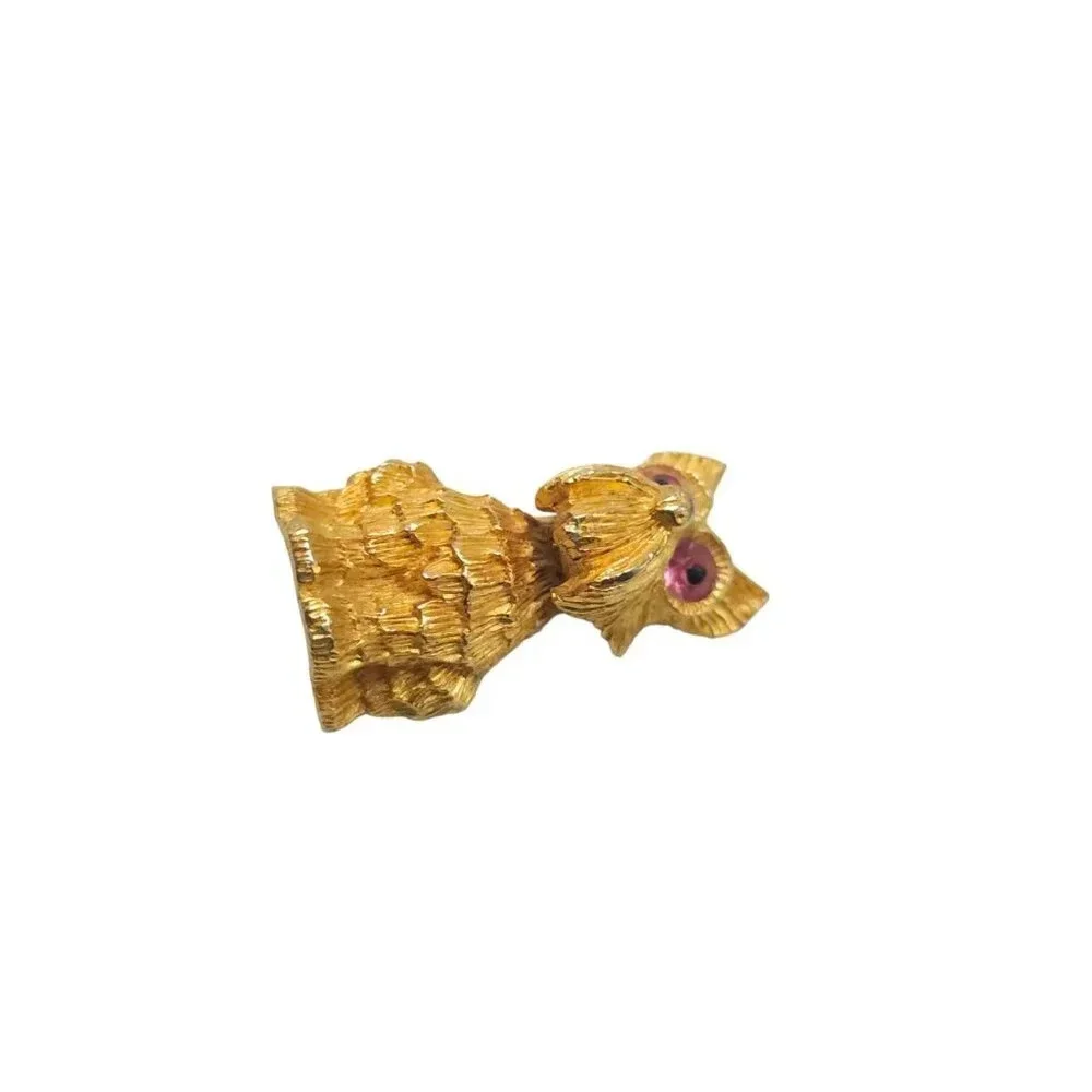Signed JJ Pink Rhinestone Textured Dog Face Brooch Pin Gold Tone Vintage